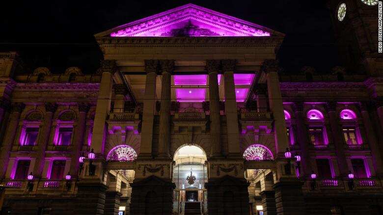 Melbourne Town Hall all lit in pink on August 9.