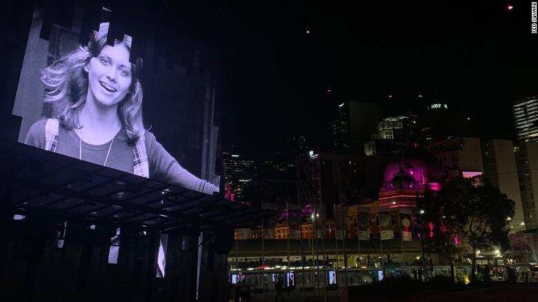 Olivia Newton-John's image as seen on Fed Square, Melbourne.