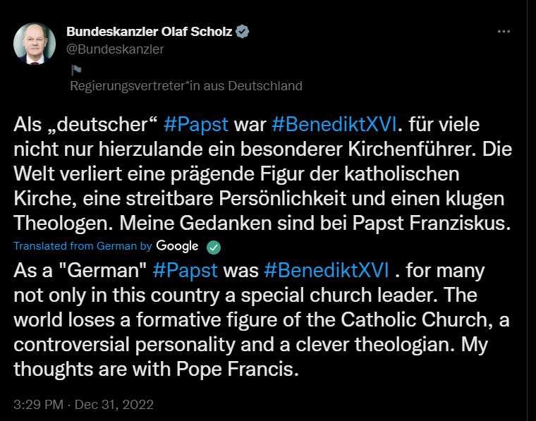 German chancellor olaf pays tribuet to former pope Benedict