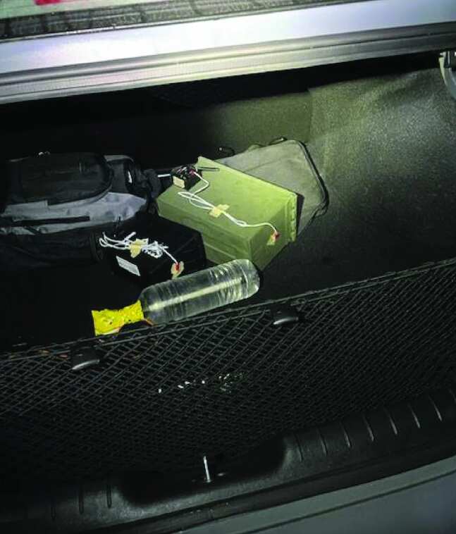 Two improvised explosive devices as initially discovered in Thomas Crooks’ car trunk.
