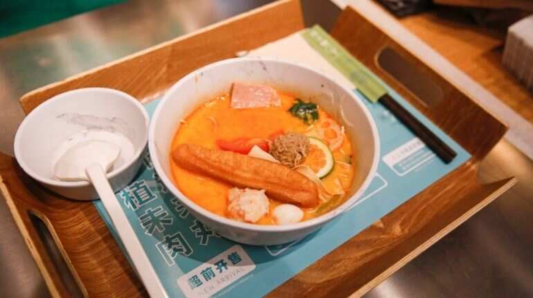 A dish containing plant-based meatballs produced by Zhenmeat, is seen during lunch time at a Hope Tree restaurant in Beijing, China September 4, 2020. Picture taken September 4, 2020