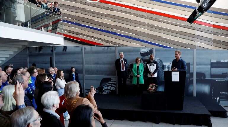 Britain's Prince Harry speaks during a visit to the Silverstone circuit