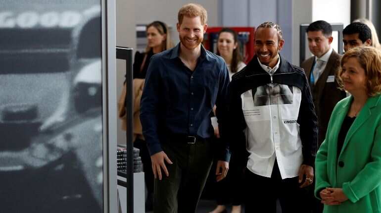 Britain's Prince Harry and Formula One World Champion Lewis Hamilton