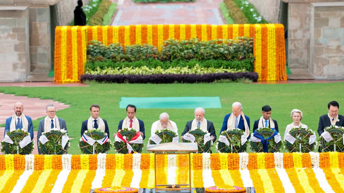 India's Prime Minister Modi and rest of the G20 leaders paid homage to Mahatma Gandhi at Rajghat, his resting place in New Delhi | X/@narendramodi