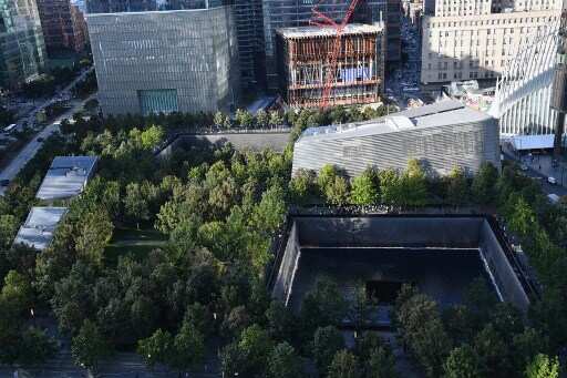 A view of the 9/11 memorial pools where once the World Trade Center north and south towers stood in New York, on September 10, 2021