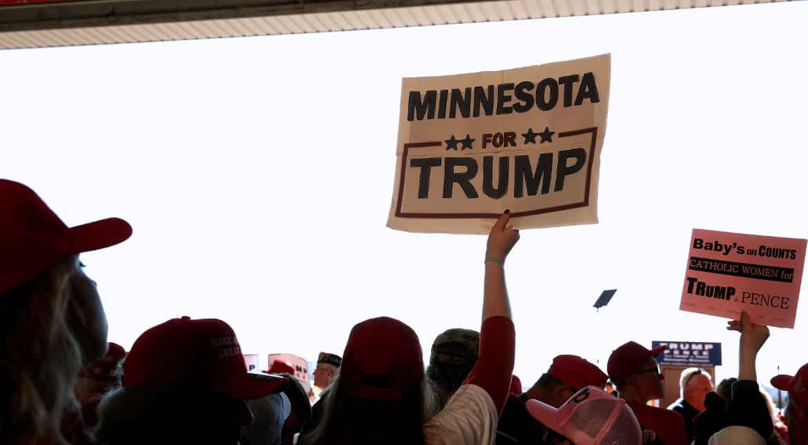 Supporters cheered Trump in a cargo hangar at the Saint Paul International Airport in Minneapolis, Minnesota.
