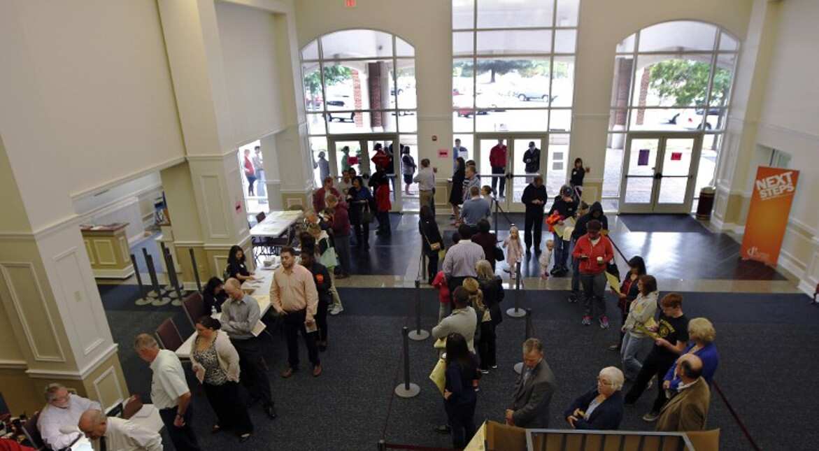 Voters stand in line in  the US presidential election in Peachtree Corners, Georgia.