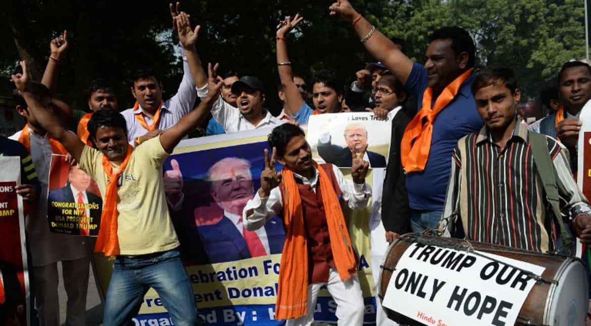 Trump's cheerleaders, right-wing activists of India's Hindu Sena, celebrate the victorious outcome.
