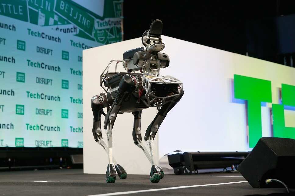 Boston Dynamics' Spot robot appears on stage during day 1 of TechCrunch Disrupt London at the Copper Box in London, England