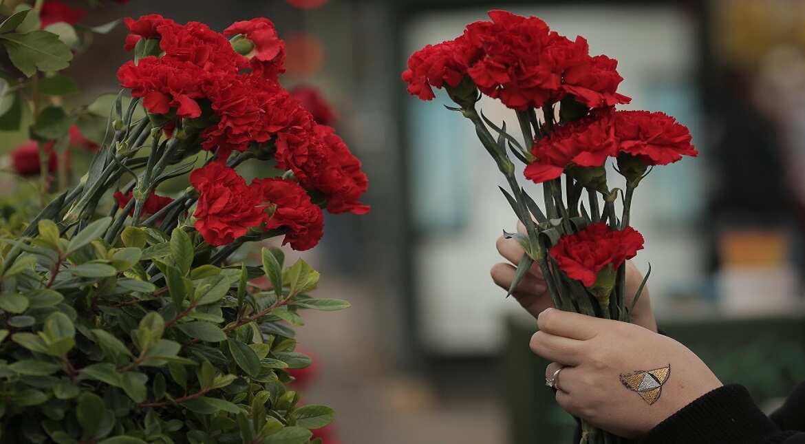 A woman who declined to be identified, places carnations on a hedge near the site of a warehouse fire that has claimed the lives