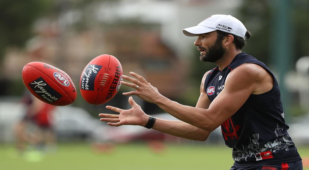 Jordan Lewis during a Melbourne Demons AFL training session at Gosch's