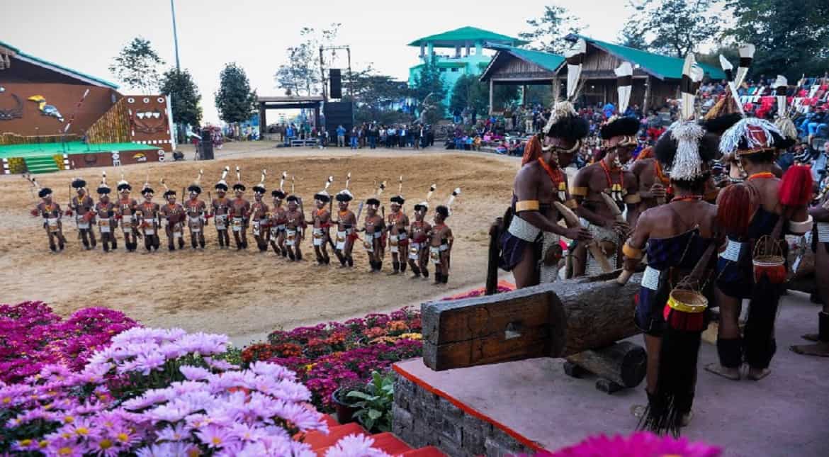 Indian members of the Naga tribe perform during the annual Hornbill Festival at Kisama village