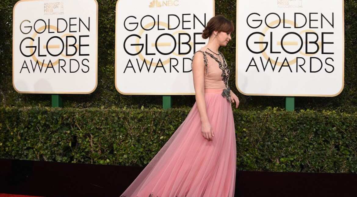 Actress Felicity Jones was elegant in a pale pink gown.