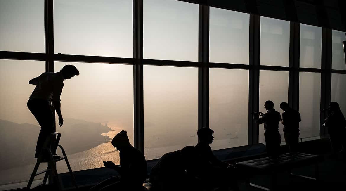 The city's skyline is seen over a haze of pollution in Hong Kong.