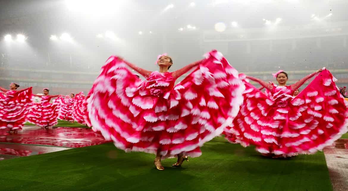 The dancers perform before during the 2017 Gree China Cup International Football Championship match between Iceland and China