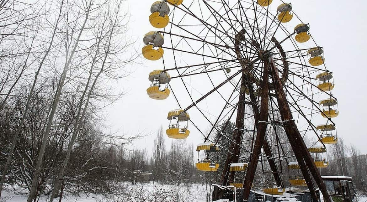 A rusting amusement ride near the site of Chernobyl disaster