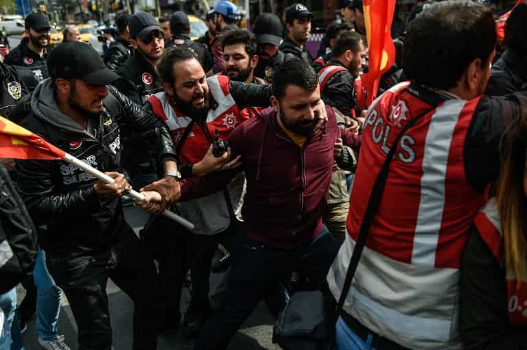 Riot police clash with protesters attempting to defy a ban and march on Taksim Square to celebrate May Day in Istanbul, on May 1, 2017.