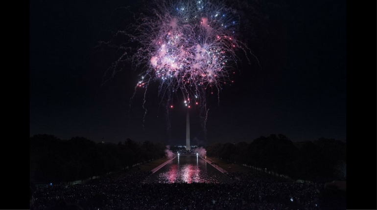 People watch fireworks exploding for the celebration of Independence Day in the US