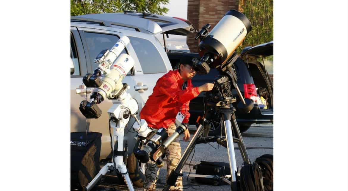 Astrocon attendees set up telescopes for the Great American Eclipse in Casper, Wyoming.
