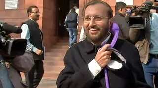 Prakash Javadekar talks on landline receiver connected to mobile phone