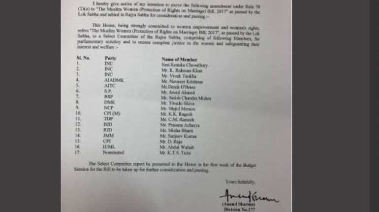 Triple Talaq Bill: Congress leader Anand Sharma proposes names for Select Committee members