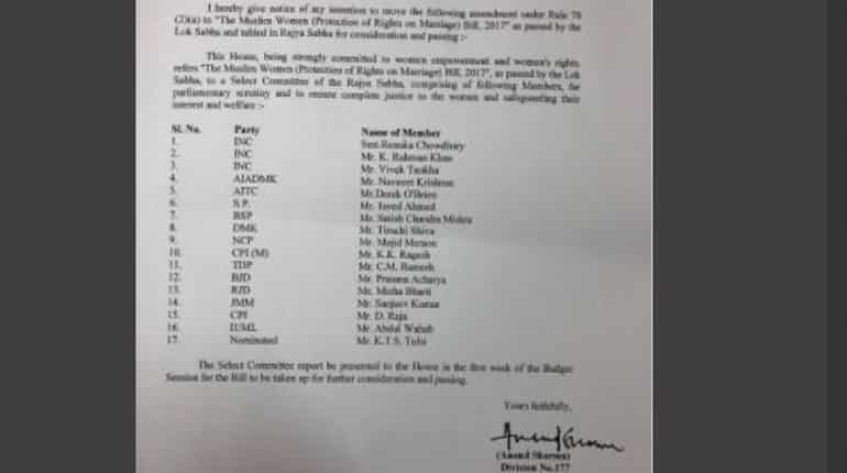 Triple Talaq Bill: Congress leader Anand Sharma proposes names for Select Committee members