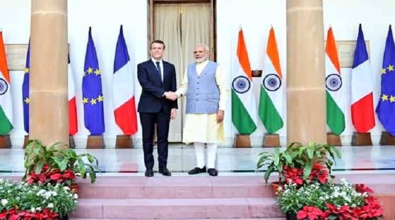 French President Emmanuel Macron meets PM Modi at Hyderabad House