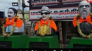Saffron cloth found tied to busts of former Tamil Nadu chief ministers Annadurai, MGR, and Periyar