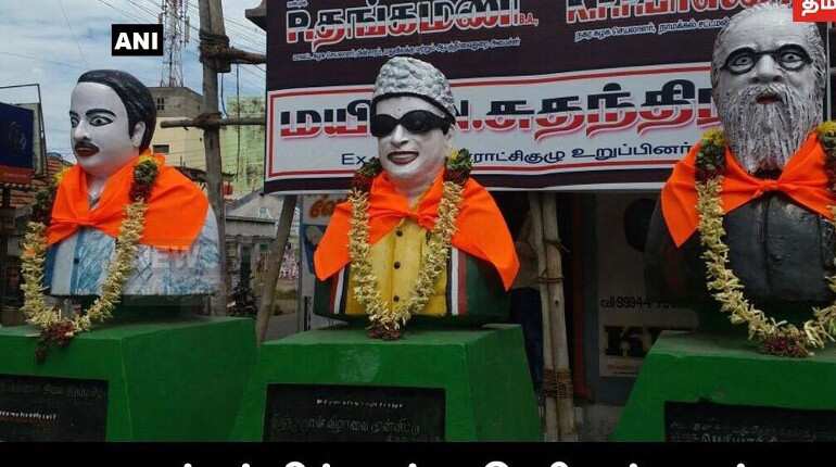 Saffron cloth found tied to busts of former Tamil Nadu chief ministers Annadurai, MGR, and Periyar