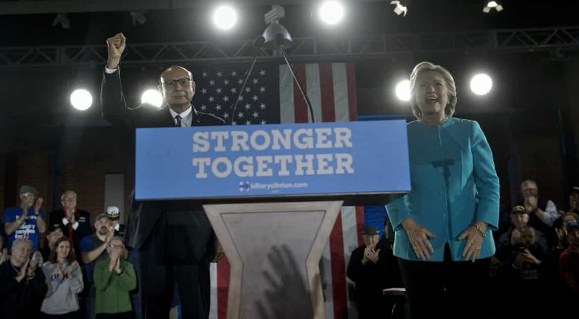 Hillary Clinton addressed a rally in New Hampshire's Manchester with Khizr Khan.