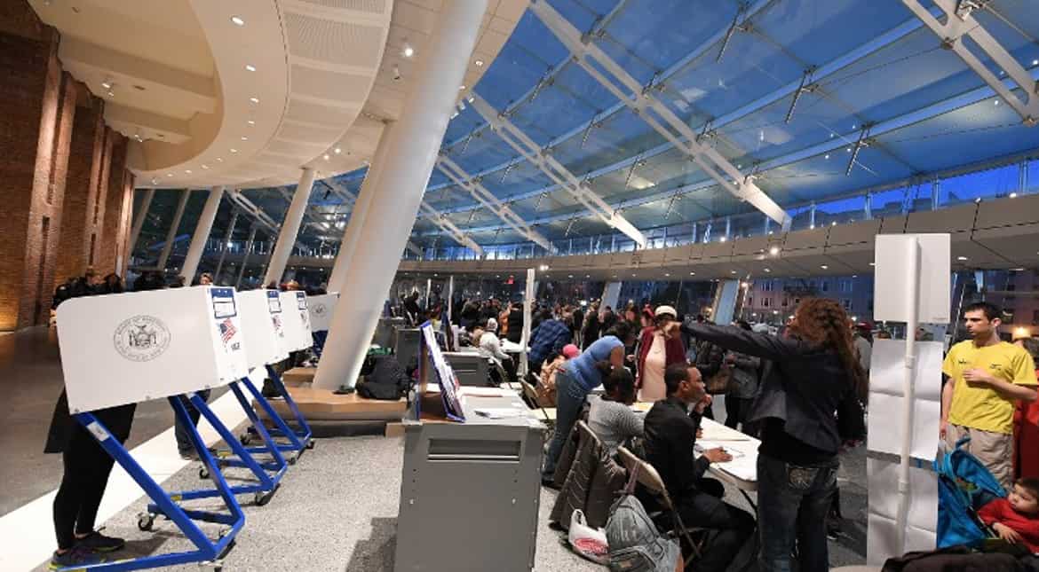 People vote at the Brooklyn Museum polling station in New York.