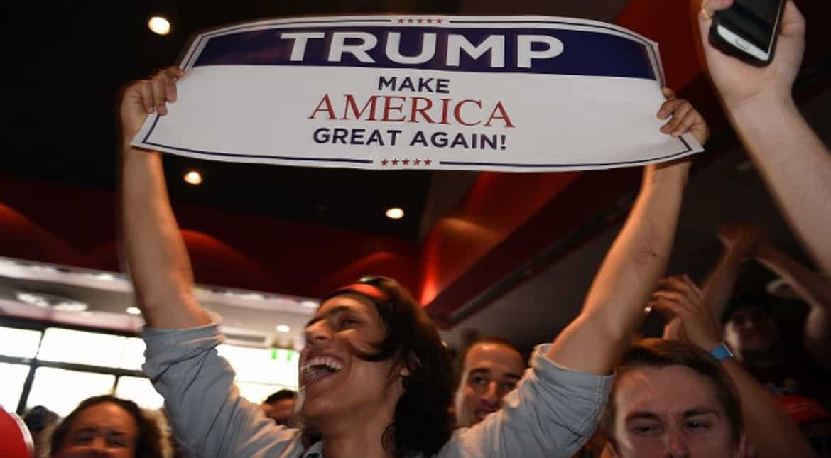 Great expectations from Trump as a supporters celebrates his seats at the University of Sydney.