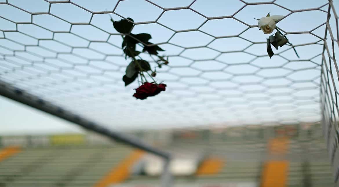 View of a flower hanging from a net during a tribute to the players of Brazilian team Chapecoense Real who were killed in a plane accident