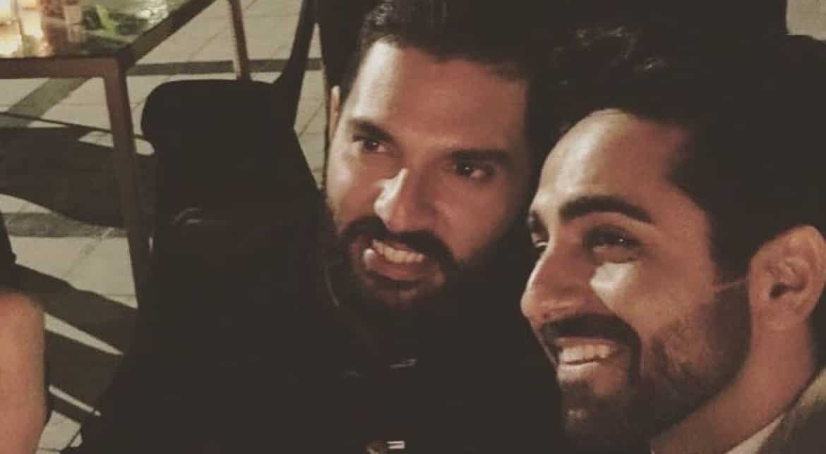 Yuvraj Singh and Bollywood actor Ayushmann Khurrana pose for a selfie.