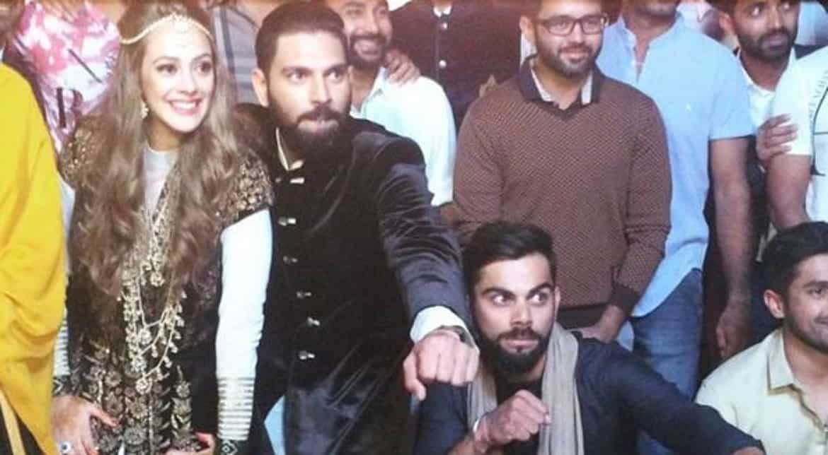 Yuvraj's friend, Indian cricketer Virat Kohli, was especially enthusiastic as he posed for a picture with the couple.