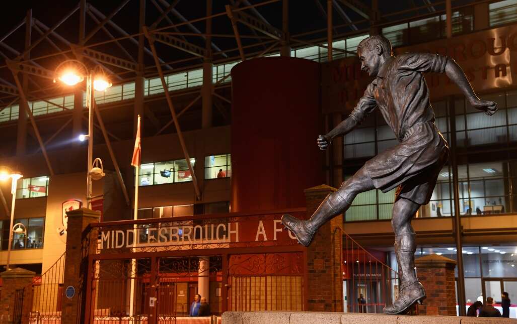 The Wilf Mannion statue is seen outside the stadium prior to the Premier League match between Middlesbrough and Hull City at Riverside Stadium in Midd