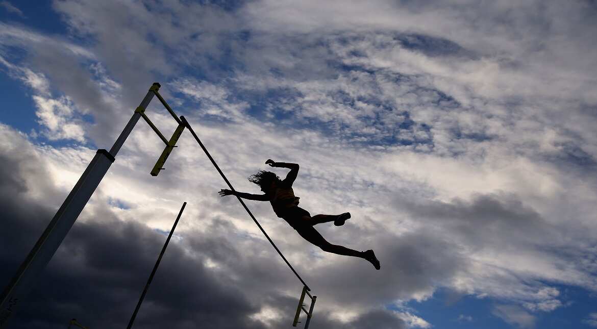 Alex Chan competes in the Steve Hooker Pole Vault Challenge during
