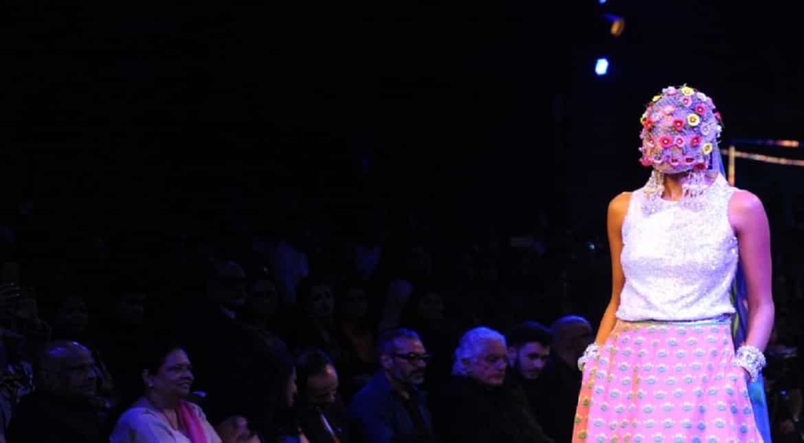 A model showcases a creation by designer Manish Arora during the Blenders Pride Fashion Tour 2016 in Mumbai.