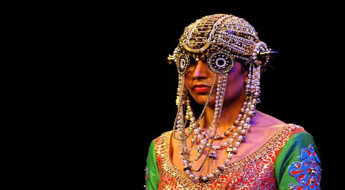 A model showcases a creation by designer Manish Arora during the Blenders Pride Fashion Tour 2016 in Mumbai