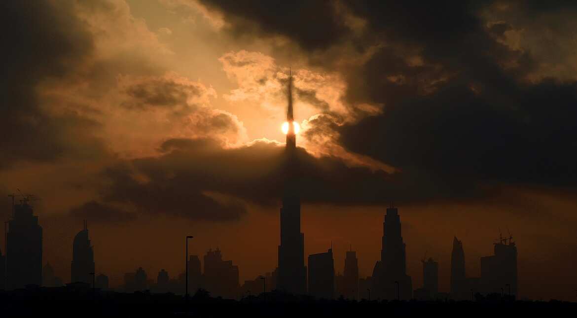General view of Burj Khalifa during sunset in Dubai, United Arab Emirates.