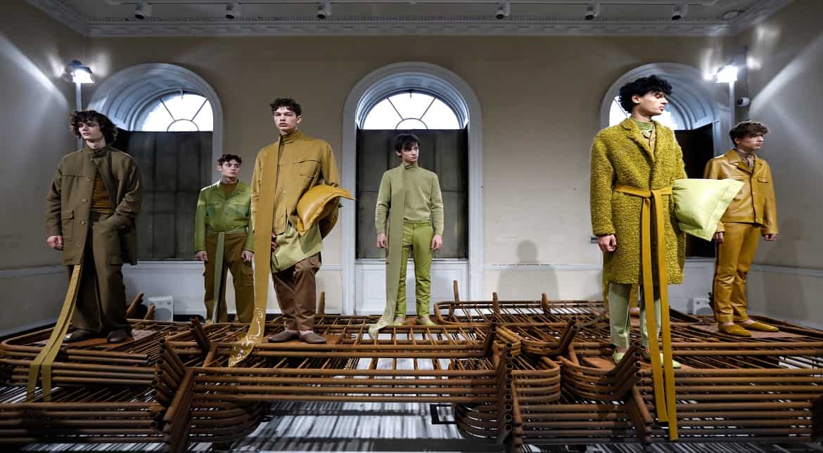 Models showcase designs during the Qasimi presentation during London Fashion Week Men's January 2017 collections at Somerset House  in London, England.