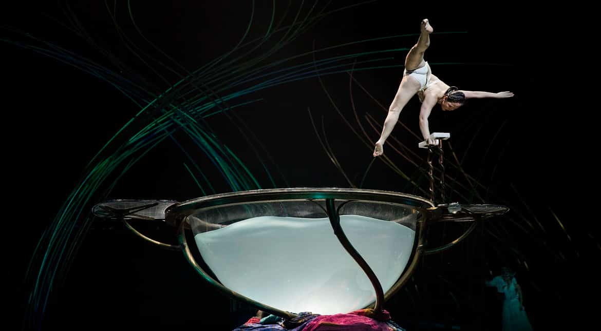 An artist from Cirque Du Soleil performs during a dress rehearsal for Cirque du Soleil's 'Amaluna' at Royal Albert Hall  in London, England.