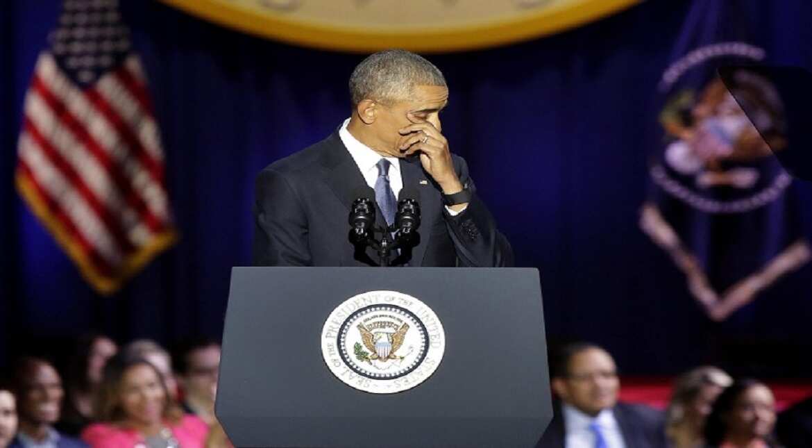 US President Barack Obama cries as he speaks during his farewell address in Chicago, Illinois.