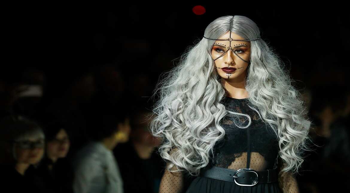 A model walks the runway at the Maybelline Hot Trendsxhibition 2017 show during the Mercedes-Benz Fashion Week Berlin A/W 2017 at Motorwerk in Berlin, Germany.