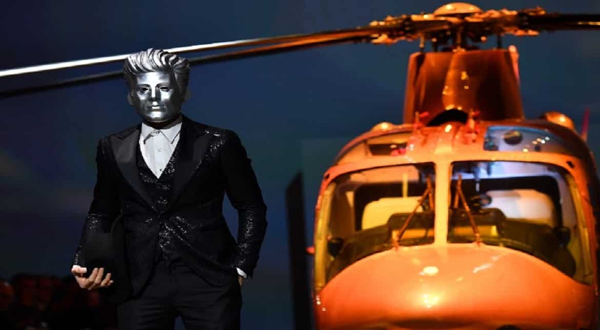 A model presents a creation for fashion house Billionaire during the Men's Fall-Winter 2017-2018 fashion week in Milan.
