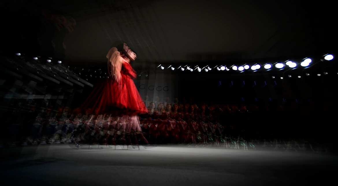 A model walks the runway at the Lena Hoschek show during the Mercedes-Benz Fashion Week Berlin A/W 2017 at Kaufhaus Jandorf in Berlin, Germany.