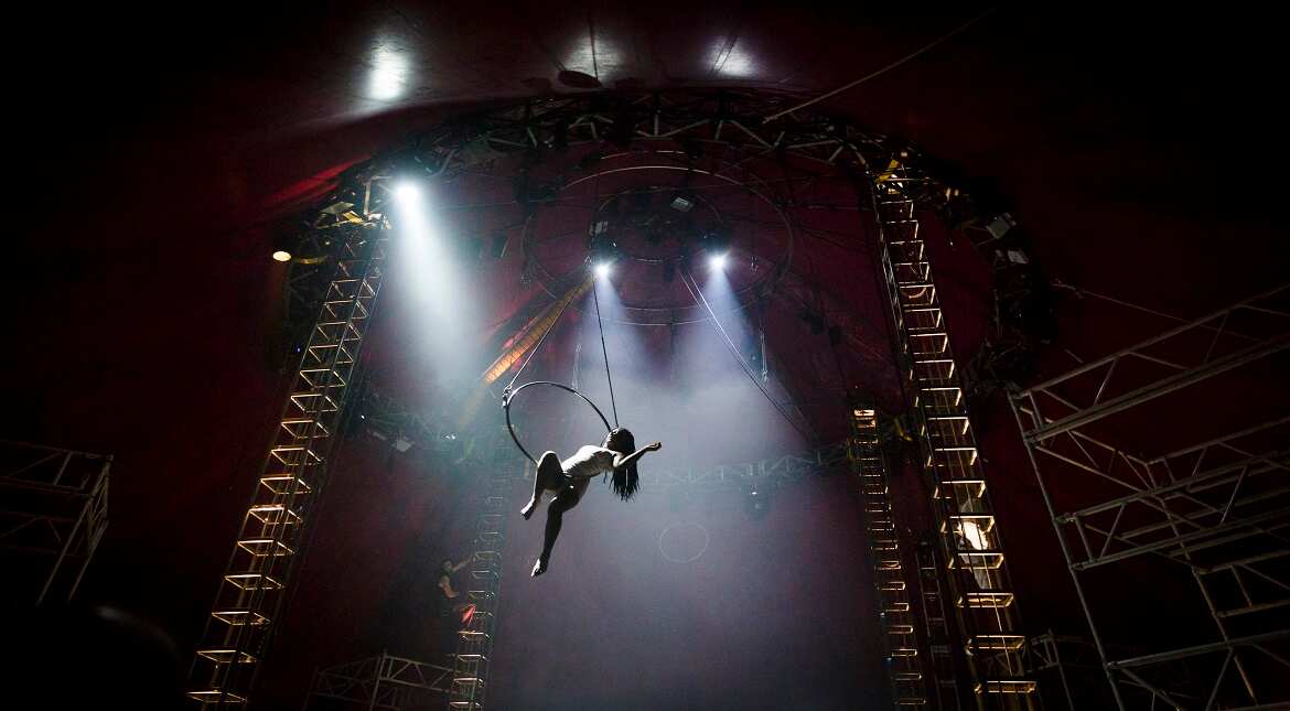 A member of Nofit State Circus performs an aerial routine as part of Bianco at the South bank Centre