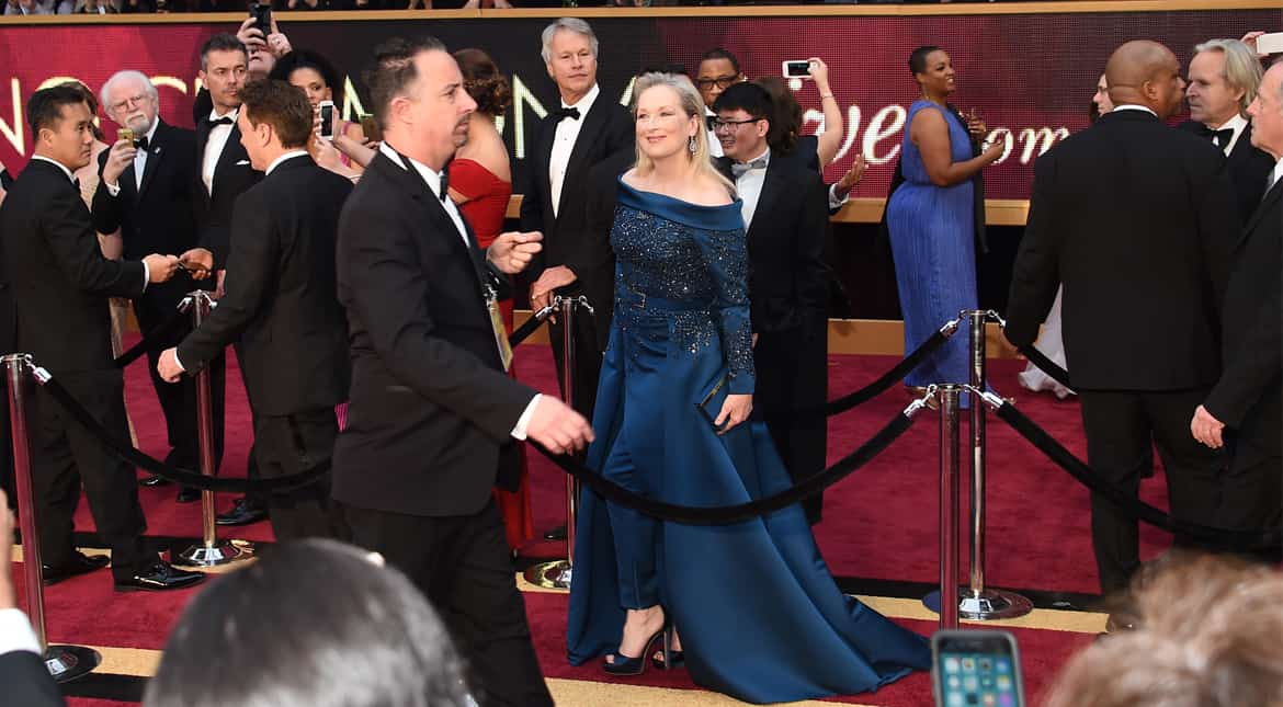 Meryl Streep nominated for best supporting actress for 'Florence Foster Jenkins' was elegant in navy blue.
