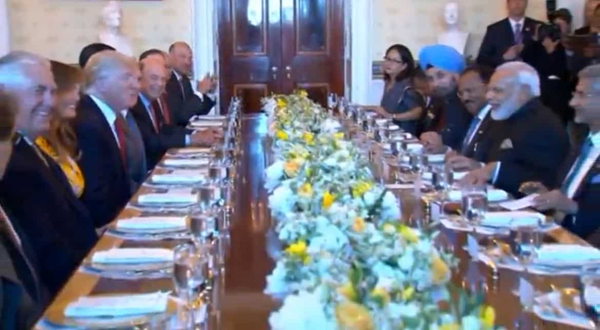 PM Modi dines with President Trump and first lady Melania at the White House State Floor.