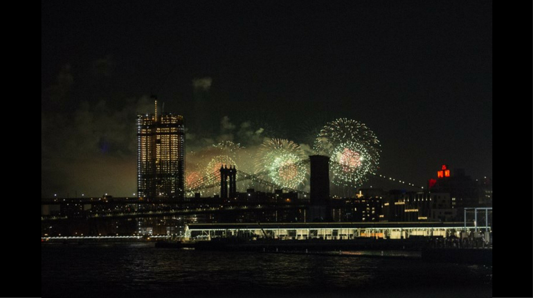 Fireworks at East River on the South Brooklyn route of a New York City ferry